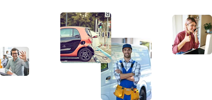 Coche eléctrico cargando en un punto de recarga en la calle, instalador junto a su furgoneta y dos personas atendiendo el teléfono