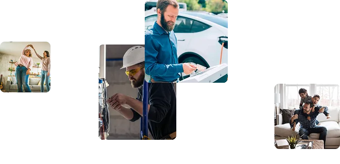 Técnico conectando un cargador a un coche eléctrico, electricista trabajando en un cuadro eléctrico y dos escenas de familia en casa