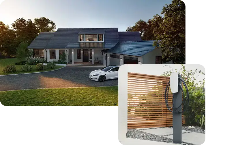 Dos viviendas con paneles solares y baterías de pared, junto al distintivo de instalador certificado Powerwall