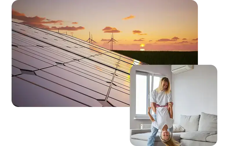 Paneles solares al atardecer con aerogeneradores al fondo, junto a una madre jugando con su hija en el salón