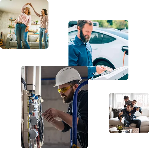 Técnico conectando un cargador a un coche eléctrico, electricista trabajando en un cuadro eléctrico y dos escenas de familia en casa