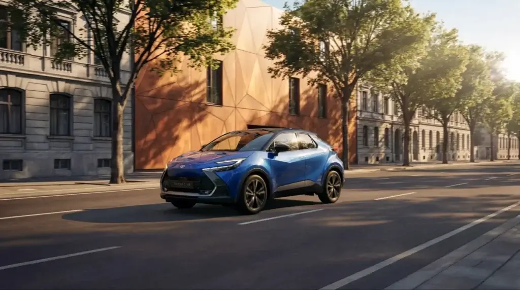 Toyota C-HR PHEV azul circulando por una calle de ciudad