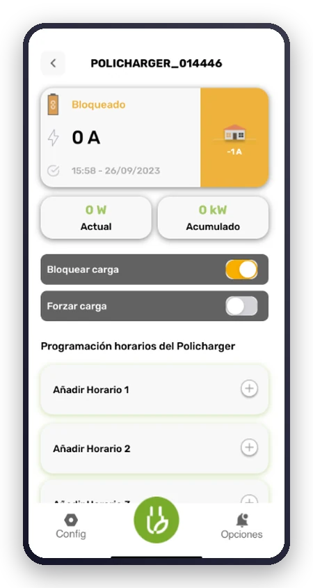 App de Policharger: cargador bloqueado, con el interruptor Bloquear carga activado