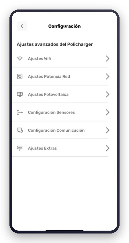 App de Policharger: menú de configuración con potencia contratada, sensores y ajustes fotovoltaicos