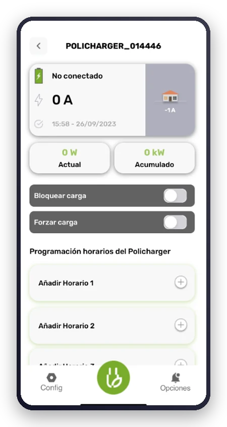 App de Policharger: pantalla principal con el estado del cargador, la potencia y el consumo acumulado