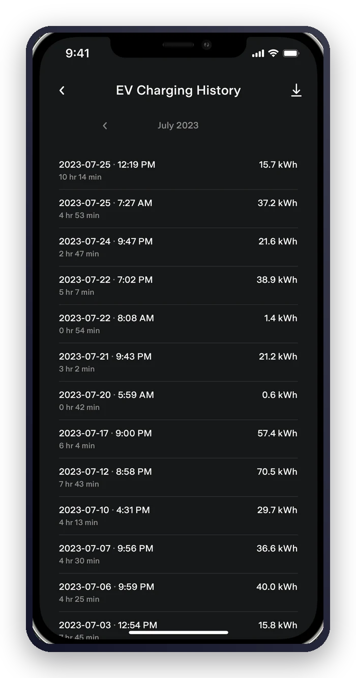 App de Tesla: histórico de cargas del Tesla Wall Connector con la energía de cada sesión