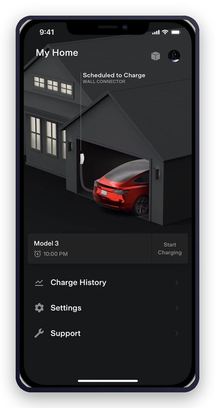 App de Tesla: pantalla de casa con el Tesla Wall Connector y el coche programado para cargar