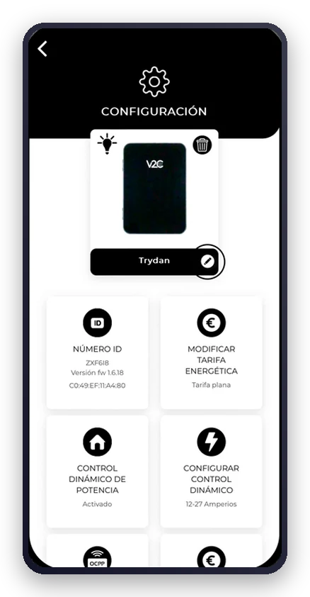 App de V2C Cloud: ajustes de tarifa eléctrica y control dinámico de potencia del V2C Trydan