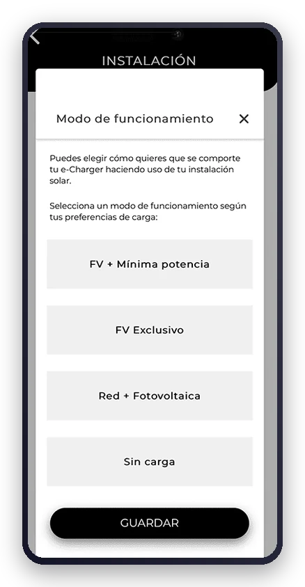 App de V2C Cloud: modos de funcionamiento con placas solares del cargador V2C Trydan