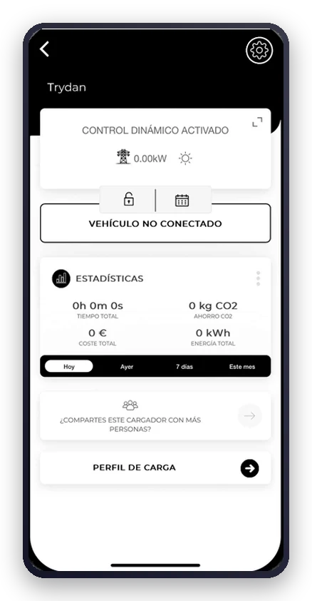 App de V2C Cloud: pantalla principal del cargador V2C Trydan con el estado y las estadísticas de consumo